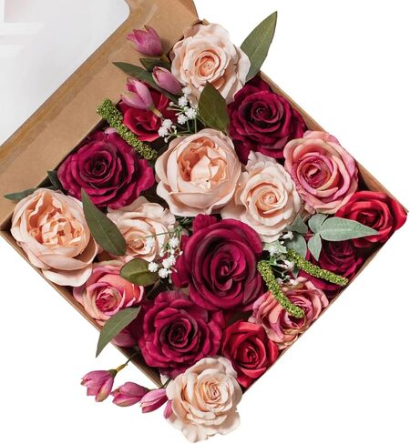 FANKO Artificial Rose Fake Flowers: Light Pink Rose Bouquet Peony Fake Flowers Burgundy Rose Faux Flowers for Wedding/Table Decoration/Centerpieces/Party/Cake in Saudi Arabia