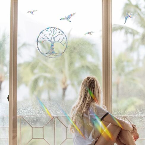 Tree and Bird Window Clings, Bird Strike Prevention Window Decals,Anti-Collision Prism Non Adhesive Vinyl Window Stickers,Protect and Save Birds from Hitting Windows,Rainbow Effect, JD-SMSBIRD-28 in Saudi Arabia