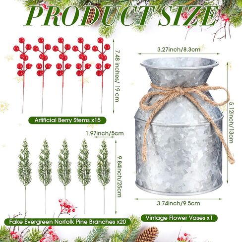 Tioncy 1 Set Christmas Centerpieces for Tables Artificial Norfolk Pine Branches Red Berries Stems with Rustic Galvanized Vase Christmas Floral Arrangements for Dining Table Home Winter Holiday Decor in Saudi Arabia