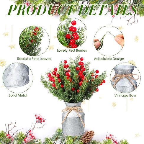 Tioncy 1 Set Christmas Centerpieces for Tables Artificial Norfolk Pine Branches Red Berries Stems with Rustic Galvanized Vase Christmas Floral Arrangements for Dining Table Home Winter Holiday Decor in Saudi Arabia