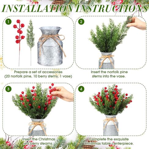 Tioncy 1 Set Christmas Centerpieces for Tables Artificial Norfolk Pine Branches Red Berries Stems with Rustic Galvanized Vase Christmas Floral Arrangements for Dining Table Home Winter Holiday Decor in Saudi Arabia