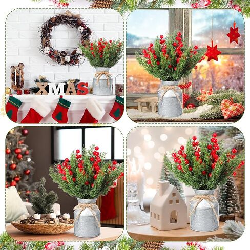Tioncy 1 Set Christmas Centerpieces for Tables Artificial Norfolk Pine Branches Red Berries Stems with Rustic Galvanized Vase Christmas Floral Arrangements for Dining Table Home Winter Holiday Decor in Saudi Arabia