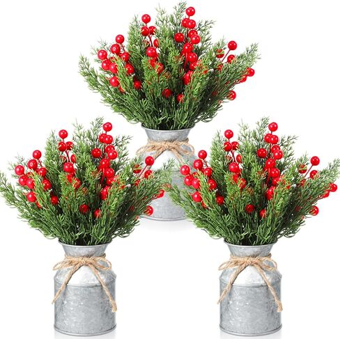 Tioncy 1 Set Christmas Centerpieces for Tables Artificial Norfolk Pine Branches Red Berries Stems with Rustic Galvanized Vase Christmas Floral Arrangements for Dining Table Home Winter Holiday Decor in Saudi Arabia