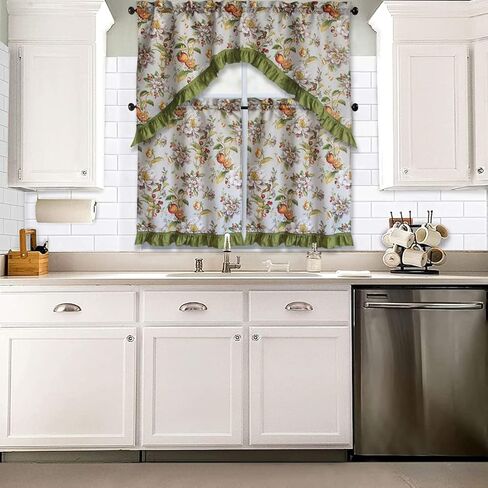 Kashi Home 3 Piece Kitchen Curtain Swag Set, Two Tiers & Ruffled Swag Decorative Window Treatment, Rod Pocket Vegetables & Oil Printed Design Serafina in Saudi Arabia