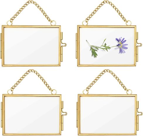 4Pcs Double Glass Frame for Pressed Flowers, 2x3 inch Picture Frame Mini Brass Wall Hanging Photo Floating Frame with Chain for Plant Specimen Artwork Display Home Wall Decor (Gold) in Saudi Arabia