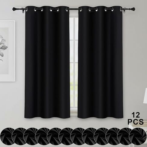 HunnmingRe 12 Panels Blackout Curtains for Bedroom, Solid Thermal Insulated Grommet and Noise Reduction Window Drapes, Room Darkening Curtains Bulk for Living Room(Black,63 x 42 Inch) in Saudi Arabia