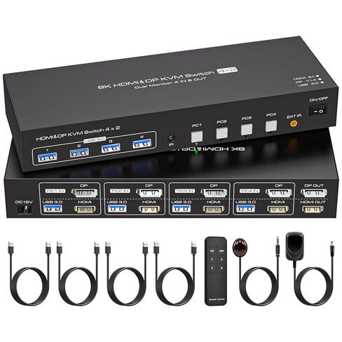 Dual Monitor HDMI+Displayport KVM Switch 4 Computers 2 Monitors 4K 60Hz 2K 120Hz 4 Port KVM Switches for Four PC Share Four USB 3.0 Devices with Remote Control, USB Cables and Power Adapter in Kuwait