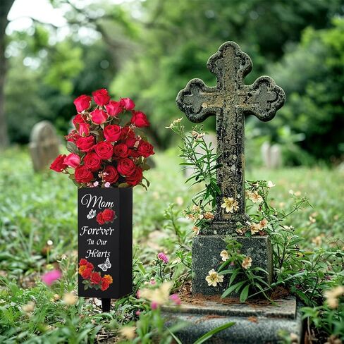 WEBEEDY Mom Cemetery Vases ديكورات للقبر مع المسامير والورود والفراشات المزهريات المعدنية ديكورات القبر لعلامة ذاكرة المقبرة ليوم ذكرى عيد الأب، قطعة واحدة، 3x8 بوصة in Saudi Arabia