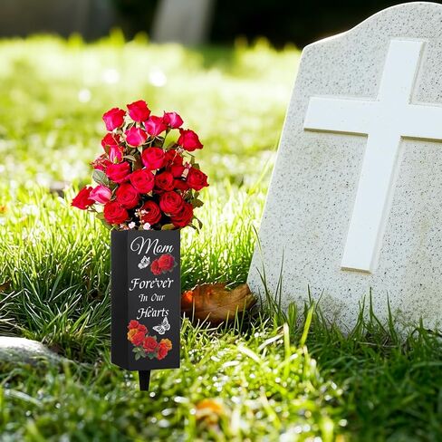 WEBEEDY Mom Cemetery Vases ديكورات للقبر مع المسامير والورود والفراشات المزهريات المعدنية ديكورات القبر لعلامة ذاكرة المقبرة ليوم ذكرى عيد الأب، قطعة واحدة، 3x8 بوصة in Saudi Arabia