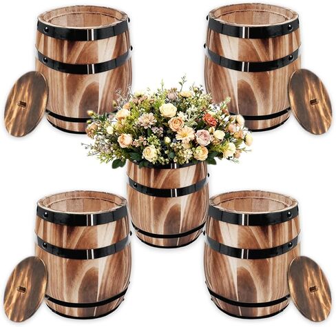 Sunmuliiiy1Pcs Wood Wine Barrel Vase 8" x 6.5" Rustic Wooden Flower Vase Rustic Barrel Barrel Planter for Wedding Reception Table Decoration Home Indoor Outdoor Garden, Kitchen, Party Table Decoration in Saudi Arabia