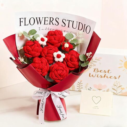 AWARDSEN Red Crochet Flowers Bouquet Red Knitted Flower Handmade Valentines Gifts, Wedding, Anniversary, Christmas, Graduation Crochet Gifts for Women (Includes Card) in Saudi Arabia