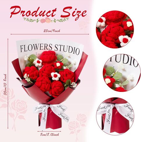 AWARDSEN Red Crochet Flowers Bouquet Red Knitted Flower Handmade Valentines Gifts, Wedding, Anniversary, Christmas, Graduation Crochet Gifts for Women (Includes Card) in Saudi Arabia
