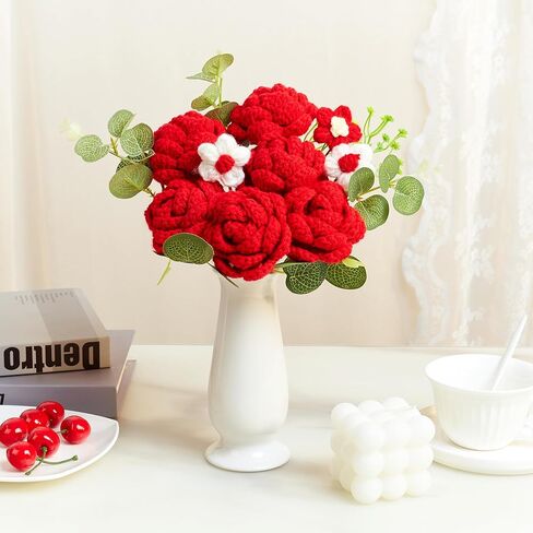 AWARDSEN Red Crochet Flowers Bouquet Red Knitted Flower Handmade Valentines Gifts, Wedding, Anniversary, Christmas, Graduation Crochet Gifts for Women (Includes Card) in Saudi Arabia