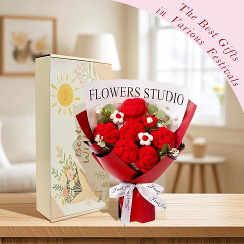 AWARDSEN Red Crochet Flowers Bouquet Red Knitted Flower Handmade Valentines Gifts, Wedding, Anniversary, Christmas, Graduation Crochet Gifts for Women (Includes Card) in Saudi Arabia
