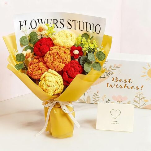 AWARDSEN Red Crochet Flowers Bouquet Red Knitted Flower Handmade Valentines Gifts, Wedding, Anniversary, Christmas, Graduation Crochet Gifts for Women (Includes Card) in Saudi Arabia