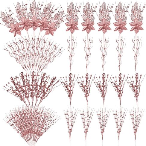 Syhood 30 Pack Valentines Day Vase Picks and Sprays Glitter Artificial Poinsettia Flower Berry Stems Ornaments Tree Picks Branches Curly Wispy Twigs Sticks for DIY Craft Wreath Decor(Champagne Gold) in Saudi Arabia