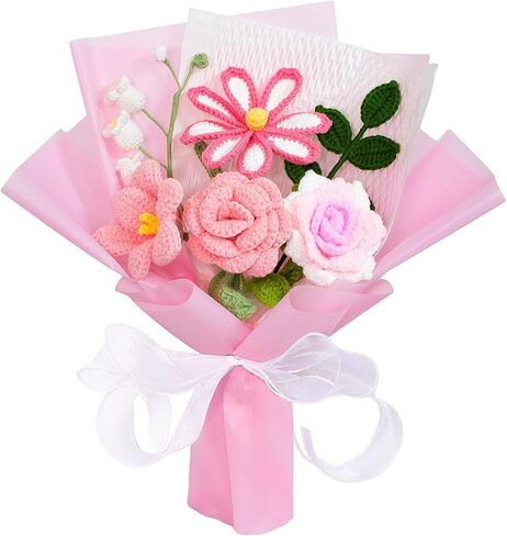 Ecerangus Crochet Flower Bouquet, Pink Rose Handmade Crochet Flowers Knitted Bouquet for Anniversary Birthday Party Mother's Day Graduation Gifts for Her, Girlfriend, Wife, Women (Pink) in Saudi Arabia