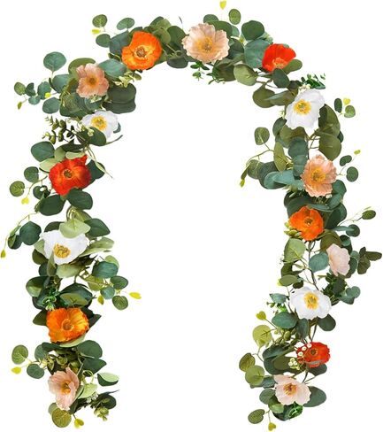 Kainonnan 5.74 FT Artificial Poppies Flower Garland, Floral Garland Greenery Vines with Eucalyptus Hanging Flowers Vines for Home Wedding Mantle Table Outdoor Decor (Mixed Colors) in Saudi Arabia