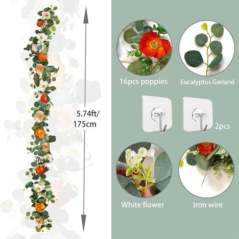 Kainonnan 5.74 FT Artificial Poppies Flower Garland, Floral Garland Greenery Vines with Eucalyptus Hanging Flowers Vines for Home Wedding Mantle Table Outdoor Decor (Mixed Colors) in Saudi Arabia