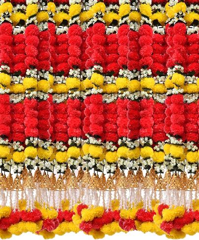 Krati Exports 5 PC - 5 feet Marigold Garland with Bells Indian Diwali Decoration Dia De Los Muertos Day of Dead Wedding Decoration Faux Garlands Mantle Decoration (Red) in Saudi Arabia