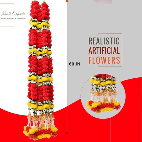 Krati Exports 5 PC - 5 feet Marigold Garland with Bells Indian Diwali Decoration Dia De Los Muertos Day of Dead Wedding Decoration Faux Garlands Mantle Decoration (Red) in Saudi Arabia