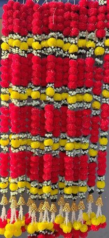Krati Exports 5 PC - 5 feet Marigold Garland with Bells Indian Diwali Decoration Dia De Los Muertos Day of Dead Wedding Decoration Faux Garlands Mantle Decoration (Red) in Saudi Arabia
