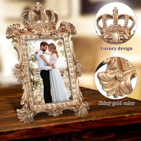 ULTNICE Vintage Golden Crown Resin Photo Frame Decorative Picture Frame with Kickstand for Tabletop and Wall Display Ideal for Weddings and Anniversaries 5.7 Inch in Saudi Arabia