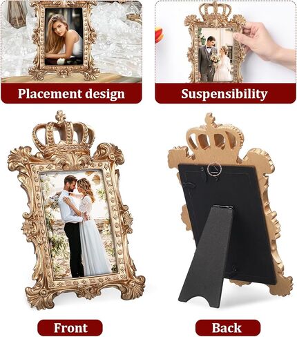 ULTNICE Vintage Golden Crown Resin Photo Frame Decorative Picture Frame with Kickstand for Tabletop and Wall Display Ideal for Weddings and Anniversaries 5.7 Inch in Saudi Arabia