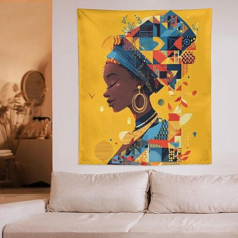 CLiqr African Wall Art Woman Bold Graphic Illustration Tapestry Wall Hanging Aesthetic Decoration for Bedroom Living Room Wall Art Tapestries 50"x60" in Kuwait