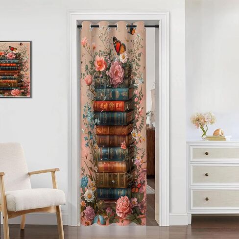 WUMINMIN Floral Butterfly Door Curtain for Doorway Privacy, Books Flowers Vintage Romantic Room Darkening Curtain for Darkening Door Drape for Kid Teens Boys Teens, 1 Panel 34" W X 80" L in Saudi Arabia