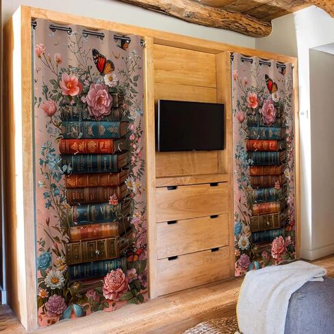 WUMINMIN Floral Butterfly Door Curtain for Doorway Privacy, Books Flowers Vintage Romantic Room Darkening Curtain for Darkening Door Drape for Kid Teens Boys Teens, 1 Panel 34" W X 80" L in Saudi Arabia