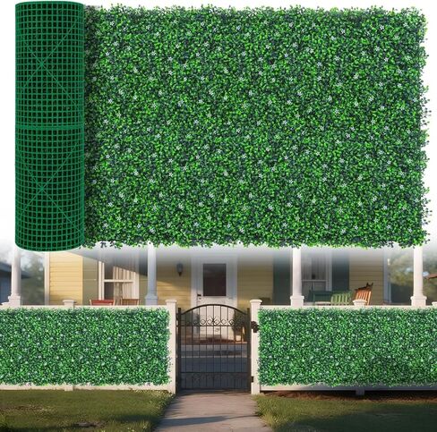 Yangrass Boxwood Roll Panels with White Flower, 48"x120" (40 sqft) Artificial Ivy Privacy Fence Screen, UV-Anti Faux Boxwood Roll Grass Wall Panels for Garden Patio Balcony Decor in Saudi Arabia