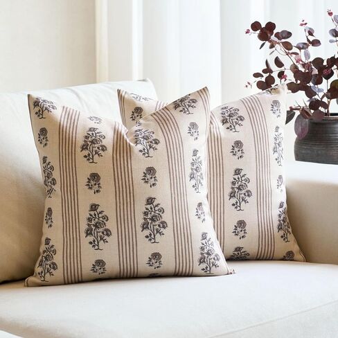 Amor Virisso Floral Throw Pillow Covers 18x18 Set of 2 Block Print Pillow Covers Neutral Floral Striped Farmhouse Decorative Pillow Covers for Sofa Couch Bed, Brown in Saudi Arabia