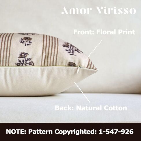 Amor Virisso Floral Throw Pillow Covers 18x18 Set of 2 Block Print Pillow Covers Neutral Floral Striped Farmhouse Decorative Pillow Covers for Sofa Couch Bed, Brown in Saudi Arabia
