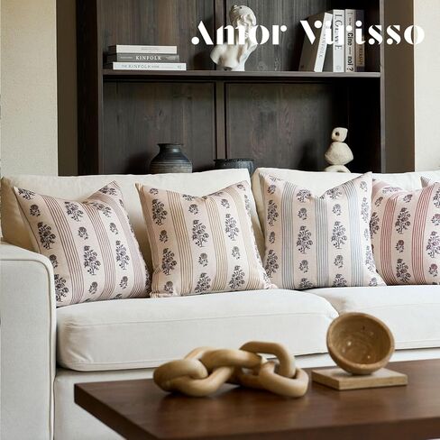 Amor Virisso Floral Throw Pillow Covers 18x18 Set of 2 Block Print Pillow Covers Neutral Floral Striped Farmhouse Decorative Pillow Covers for Sofa Couch Bed, Brown in Saudi Arabia