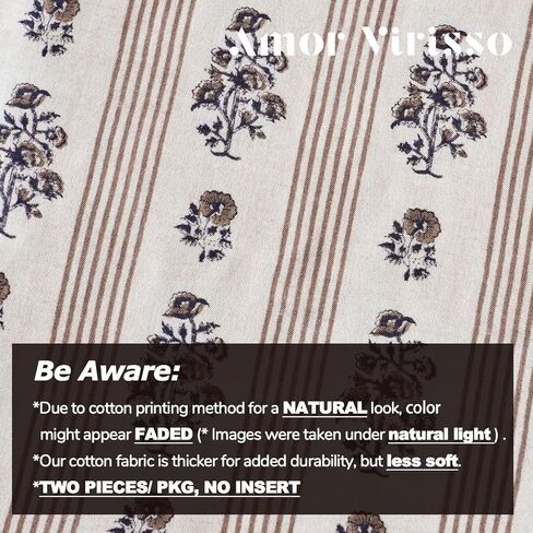 Amor Virisso Floral Throw Pillow Covers 18x18 Set of 2 Block Print Pillow Covers Neutral Floral Striped Farmhouse Decorative Pillow Covers for Sofa Couch Bed, Brown in Saudi Arabia