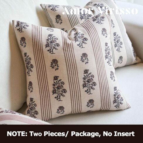 Amor Virisso Floral Throw Pillow Covers 18x18 Set of 2 Block Print Pillow Covers Neutral Floral Striped Farmhouse Decorative Pillow Covers for Sofa Couch Bed, Brown in Saudi Arabia