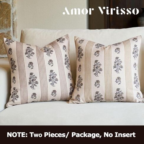 Amor Virisso Floral Throw Pillow Covers 18x18 Set of 2 Block Print Pillow Covers Neutral Floral Striped Farmhouse Decorative Pillow Covers for Sofa Couch Bed, Brown in Saudi Arabia