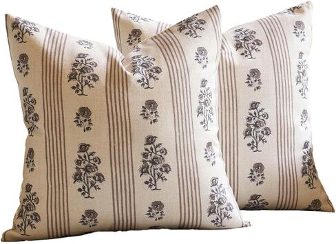 Amor Virisso Floral Throw Pillow Covers 18x18 Set of 2 Block Print Pillow Covers Neutral Floral Striped Farmhouse Decorative Pillow Covers for Sofa Couch Bed, Brown in Saudi Arabia