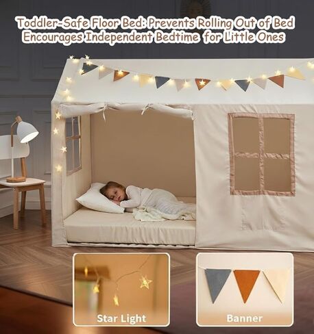 WANFASO Twin Bed Tent Indoor Bed Canopy Kids Tents for Girls Boys with 2 Doors, Breathable Private Space Floor Fort Bed Tents for Kids Sleeping Tent (Twin, Khaki) in Saudi Arabia