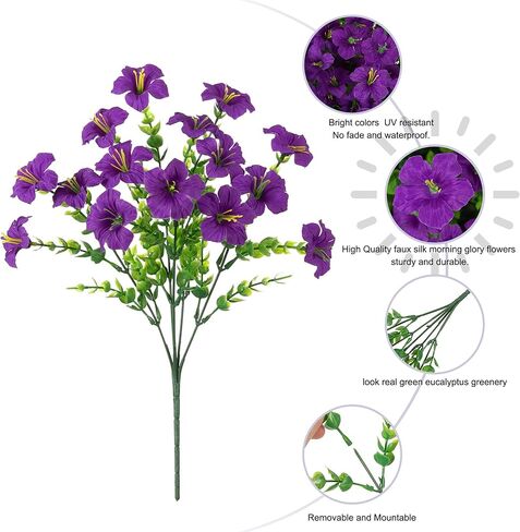 Artificial Flowers for Outdoors Decoration, 20 Bundles Purple Faux Morning Glory with Eucalyptus Look Real UV Resistant Fake Plants Silk Flowers for Outside Yard Gardens Porch Patio Planter Home Urn in Saudi Arabia