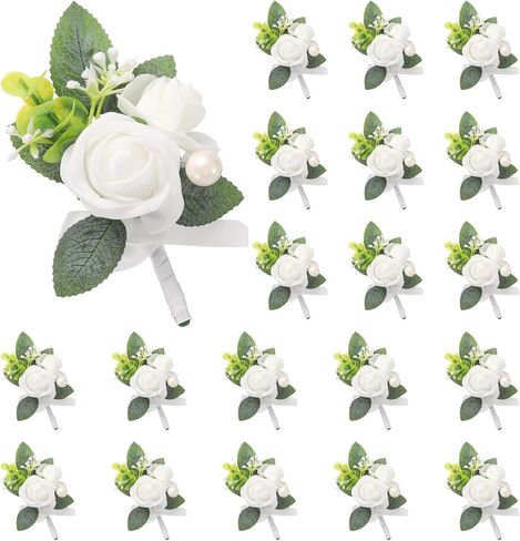 uxcell 20pcs White Boutonnieres for Men, Artificial Flower Buttonholes Pocket Corsage with Boutonnieres Pins for Wedding Bride Groom Ceremony Anniversary Formal Party in Saudi Arabia