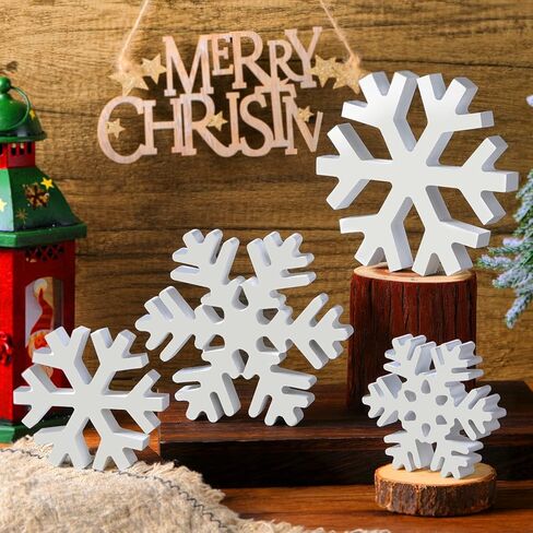 Blulu 4 Pcs Winter Wooden Snowflakes Decor Tabletop Decorations Christmas Snowflake Signs Winter Wooden Xmas Standing Table Sign Christmas Fireplace Decoration for Party Birthday(White) in Saudi Arabia