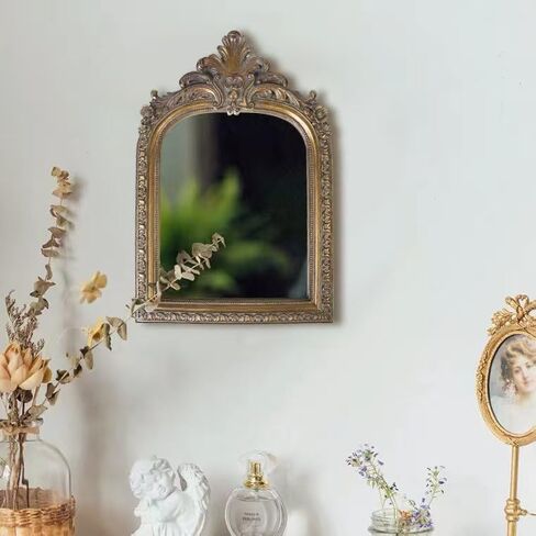 FAGTIKY Bronze Vintage Vanity Desk Makeup Mirror Antique Decorative Wall Mirror,Resin Carved Arched Mirror for Living Room,Bedroom Dresser,Home Decor ﻿ (Large) in Saudi Arabia
