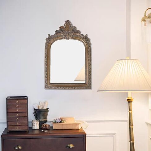 FAGTIKY Bronze Vintage Vanity Desk Makeup Mirror Antique Decorative Wall Mirror,Resin Carved Arched Mirror for Living Room,Bedroom Dresser,Home Decor ﻿ (Large) in Saudi Arabia