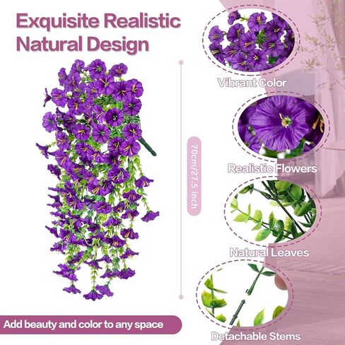 Lumiere Blooms Rich and Eye-catching 5 PCS Artificial Hanging Flowers，Silk Morning Glory Faux Flowers with Eucalyptus Leaves,uv Resistant Fake Hanging Petunias Plants for Yard Decoration(Purple) in Saudi Arabia