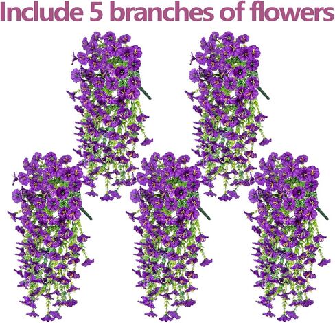 Lumiere Blooms Rich and Eye-catching 5 PCS Artificial Hanging Flowers，Silk Morning Glory Faux Flowers with Eucalyptus Leaves,uv Resistant Fake Hanging Petunias Plants for Yard Decoration(Purple) in Saudi Arabia