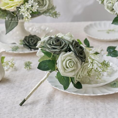 YEEFLORA Artificial Flowers, 25pcs Realistic Artificial Rose for Centerpieces Arrangements, Sage Green Foam Flowers with Stem for Bridal Shower Party Home Decorations in Saudi Arabia