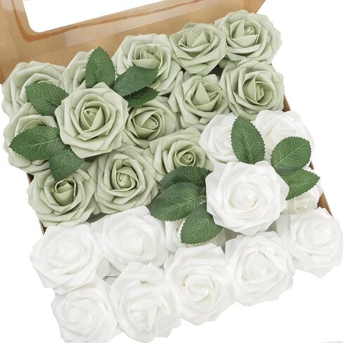 YEEFLORA Artificial Flowers, 25pcs Realistic Artificial Rose for Centerpieces Arrangements, Sage Green Foam Flowers with Stem for Bridal Shower Party Home Decorations in Saudi Arabia