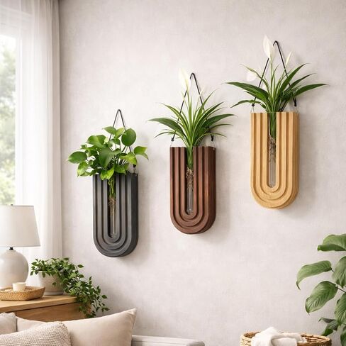 MODUGLE Wall Mounted Wooden Propagation Station Set of 3 - Boho Hanging Indoor Wall Planter Vases for Plants & Flowers, Handmade Rainbow Decor for Living Room, Entryway, or Home Gallery Display in Saudi Arabia